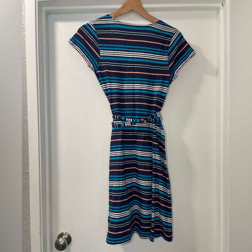 Pact Organic Cotton Striped Short Sleeve Wrap Dress in Blue. Size S - Picture 2 of 3